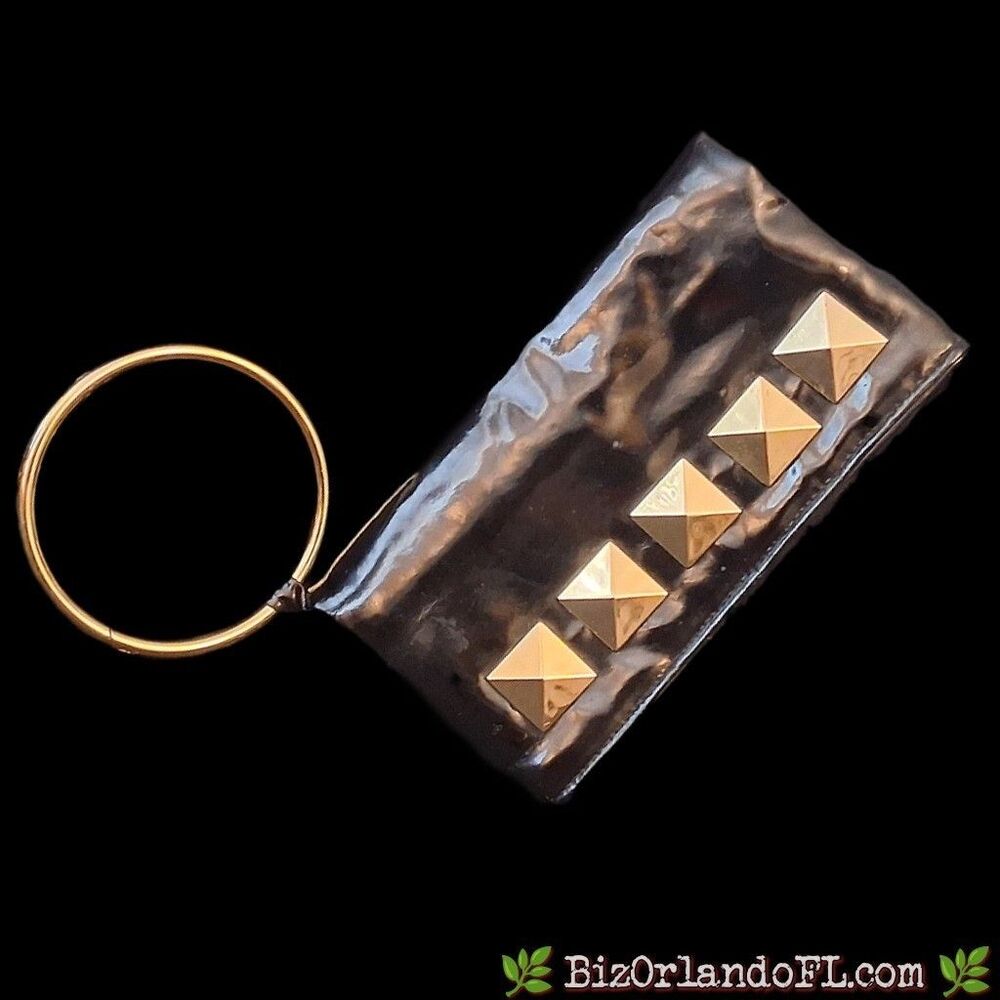 VINTAGE: OKPTA Black Patent Wristlet Clutch Bag Gold Pyramid Stud Ring Handle 8"